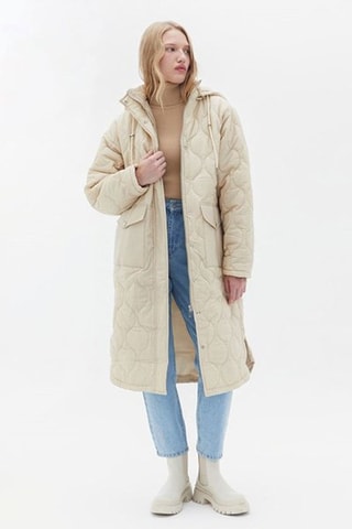 Lange Gewatteerde Jas met Capuchon - Beige
