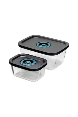 2 Glazen Bewaarbakjes  4,7 l en 1,38 l - 14,2 x 10,2 x 6,5 cm en 19,8 x 14,3 x 8,8 cm