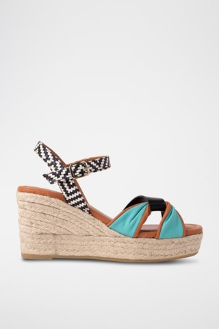 Sandales compensées en cuir - Turquoise et noir