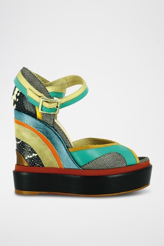 Sandales compensées en cuir - Noir et turquoise