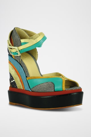 Sandales compensées en cuir - Noir et turquoise