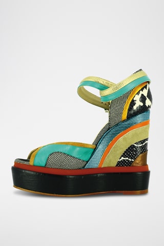 Sandales compensées en cuir - Noir et turquoise