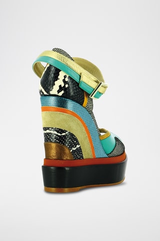 Sandales compensées en cuir - Noir et turquoise