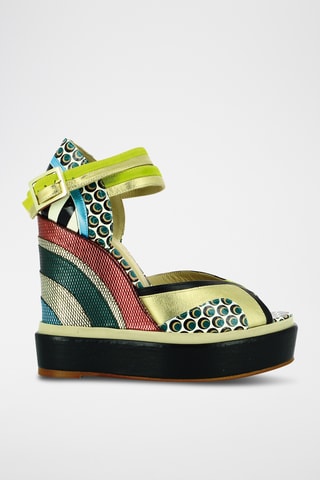 Sandales compensées en cuir - Vert et doré