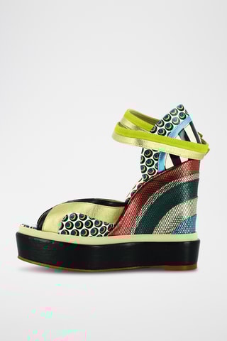 Sandales compensées en cuir - Vert et doré