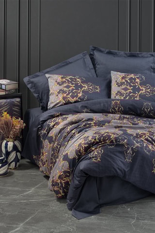 Conjunto de edredão em cetim de algodão 210 fios/cm² - Azul escuro e dourado