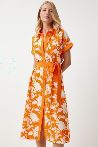 Vestido-camisa - Laranja e branco