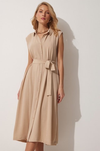 Vestido-camisa sem mangas - Bege