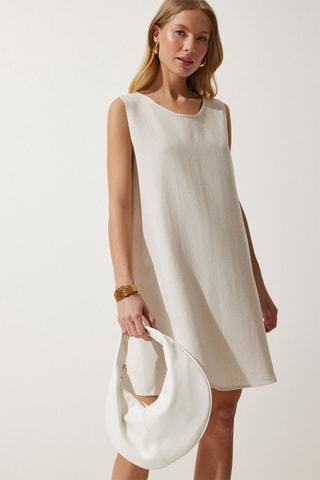 Vestido estilo patinadora em linho sem mangas - Bege