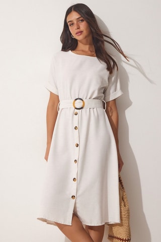 Vestido direito em linho - Bege