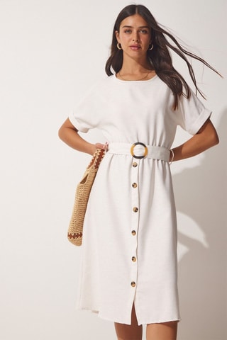 Vestido direito em linho - Bege