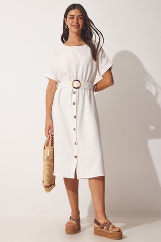 Vestido direito em linho - Bege