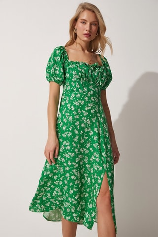 Vestido midi Verde e cru
