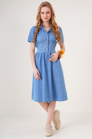 Vestido midi em ganga - Azul-celeste