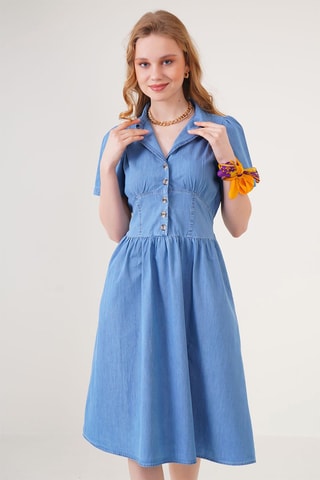 Vestido midi em ganga - Azul-celeste