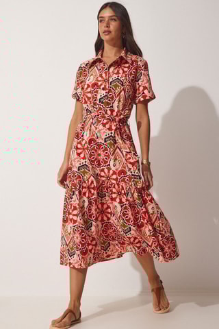 Vestido-camisa - Bege e vermelho