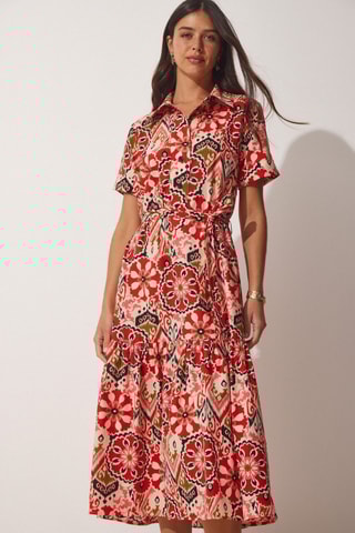 Vestido-camisa - Bege e vermelho