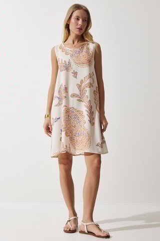Vestido direito em linho - 
Bege