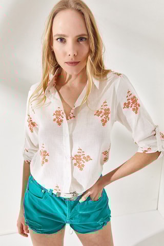Camisa em linho - Branco e laranja