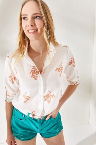 Camisa em linho - Branco e laranja