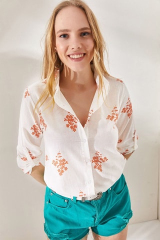 Camisa em linho - Branco e laranja