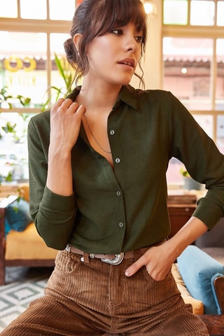 Camisa slim de veludo - Caqui