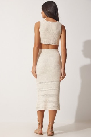 Crop top e saia midi de cintura alta sem mangas - Bege
