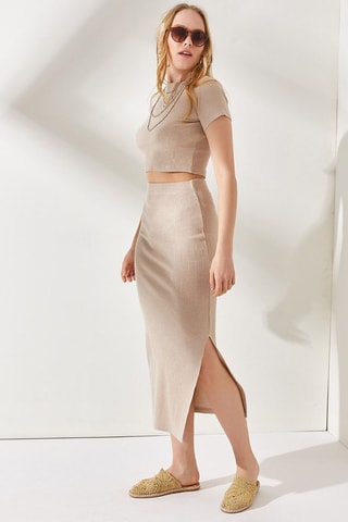 Crop top e saia justa de cintura alta - Bege