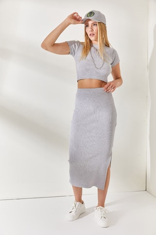 Crop top et jupe fourreau taille haute - Gris