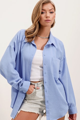 Camisa oversize em linho - Azul-claro