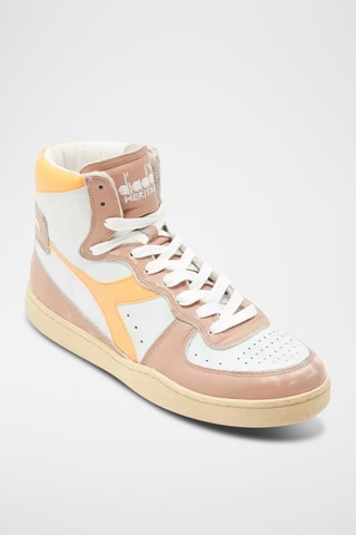 Sapatilhas de cano alto em couro Used - Branco e amarelo