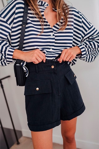 Short slim taille haute en lin - Noir