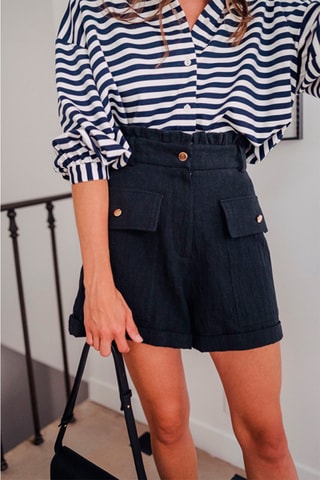Short slim taille haute en lin - Noir