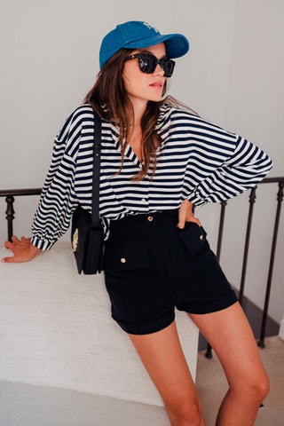 Short slim taille haute en lin - Noir