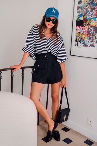 Short slim taille haute en lin - Noir
