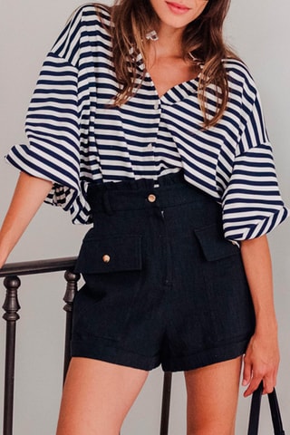 Short slim taille haute en lin - Noir