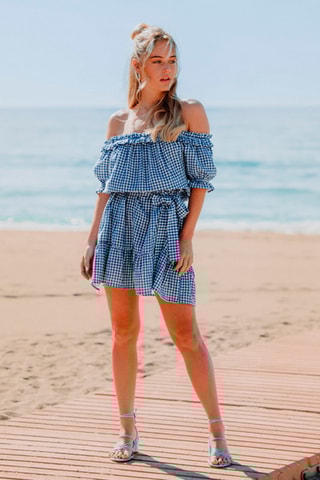 Robe courte à carreaux - Bleu