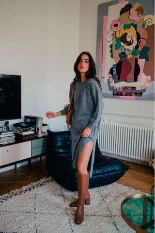 Robe-pull oversize en mérinos - Gris chiné