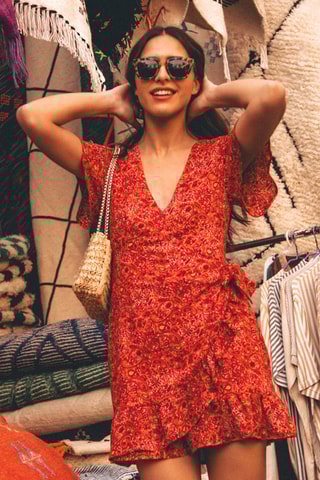 Robe portefeuille courte - Rouge