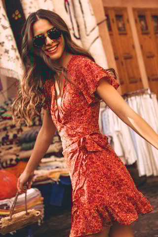 Robe portefeuille courte - Rouge