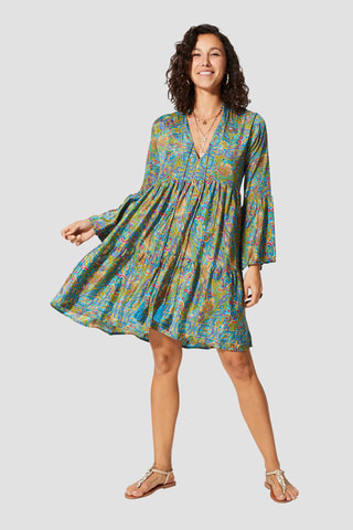 Vestido com folhos - 
Verde