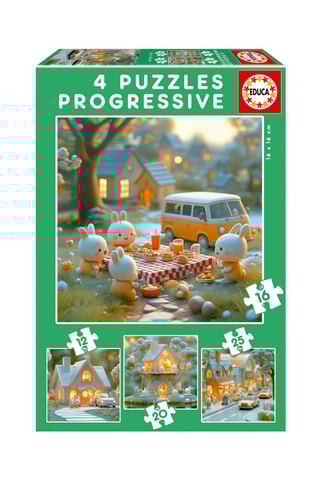 Puzzle progressif 4-en-1 ville des lapins – 12 à 25 pièces – Dès 12 ans