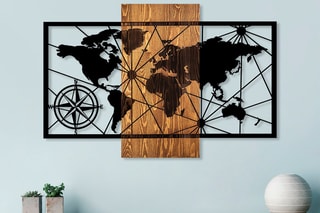 Décoration murale en bois World Map - 84 x 57 cm -  Noir et naturel