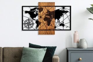 Décoration murale en bois World Map - 84 x 57 cm -  Noir et naturel