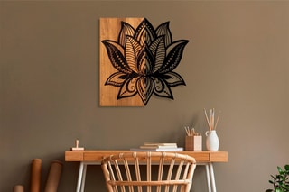 Décoration murale lotus en bois - 58 x 50 cm - Naturel et noir