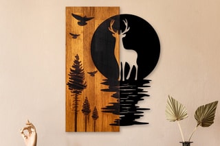 Décoration murale Cerf et forêt - 43 x 58 x 3 cm - Naturel et noir