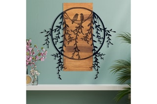 Décoration murale oiseaux amoureux en bois - 63,3 x 65 cm - Noir et naturel