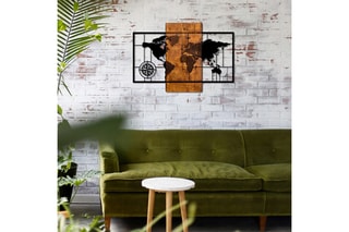 Décoration murale World Map With Compass - 85 x 58 cm - Naturel et noir