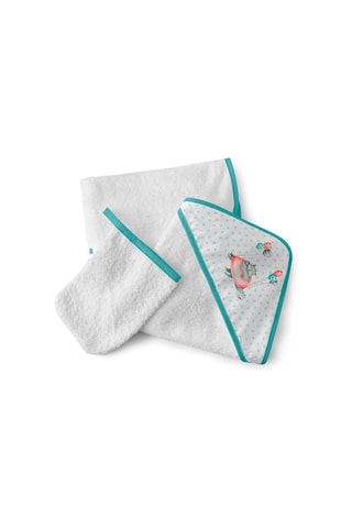Sortie de bain et gant de toilette - Blanc et turquoise