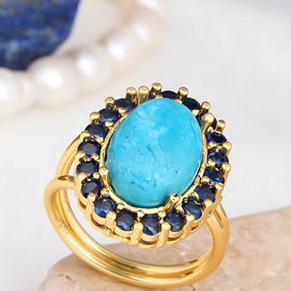 Bague - Laiton plaqué or, zircon & turquoise
